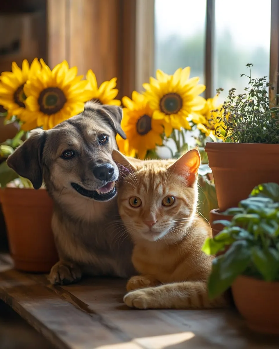 Cachorro e gato deitados juntos perto de vasos de plantas e girassóis.