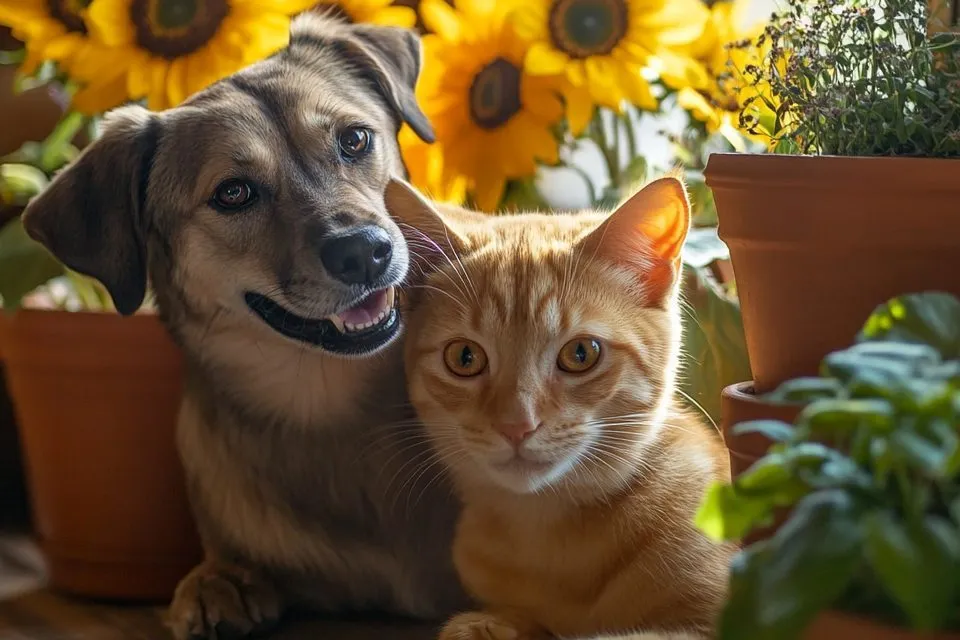 Cachorro e gato lado a lado entre vasos de plantas e girassóis em ambiente doméstico.