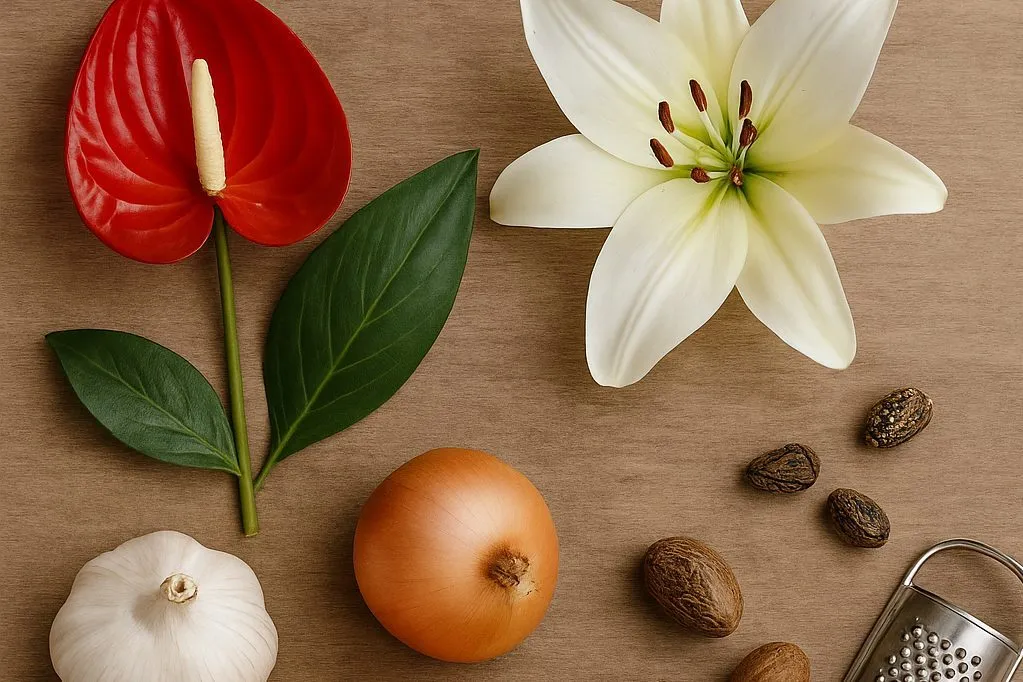 Plantas e temperos tóxicos para pets e crianças, como antúrio, lírio, alho, cebola, mamona e noz-moscada, sobre mesa rústica