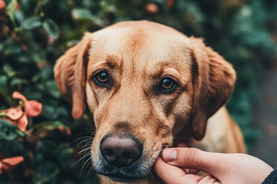Close de um cachorro caramelo com uma mão humana junto ao focinho, em meio a folhagens.
