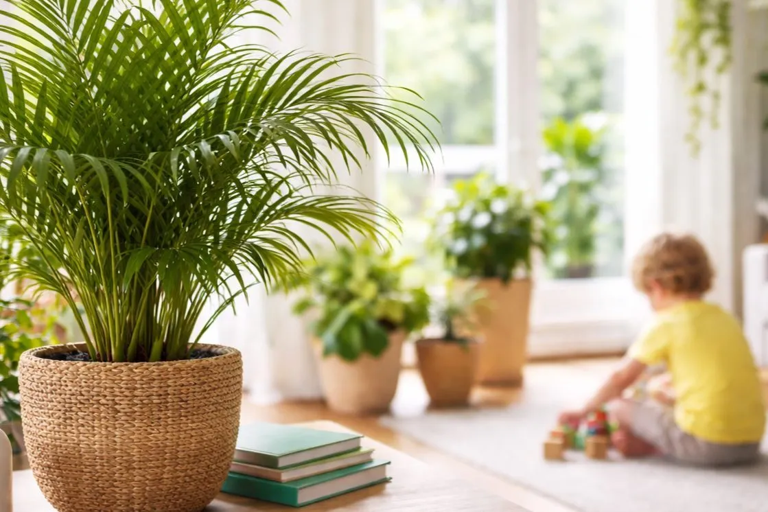 Projeto residencial com planta ornamental segura e presença de criança ao fundo, representando aplicação de critérios técnicos no paisagismo seguro.