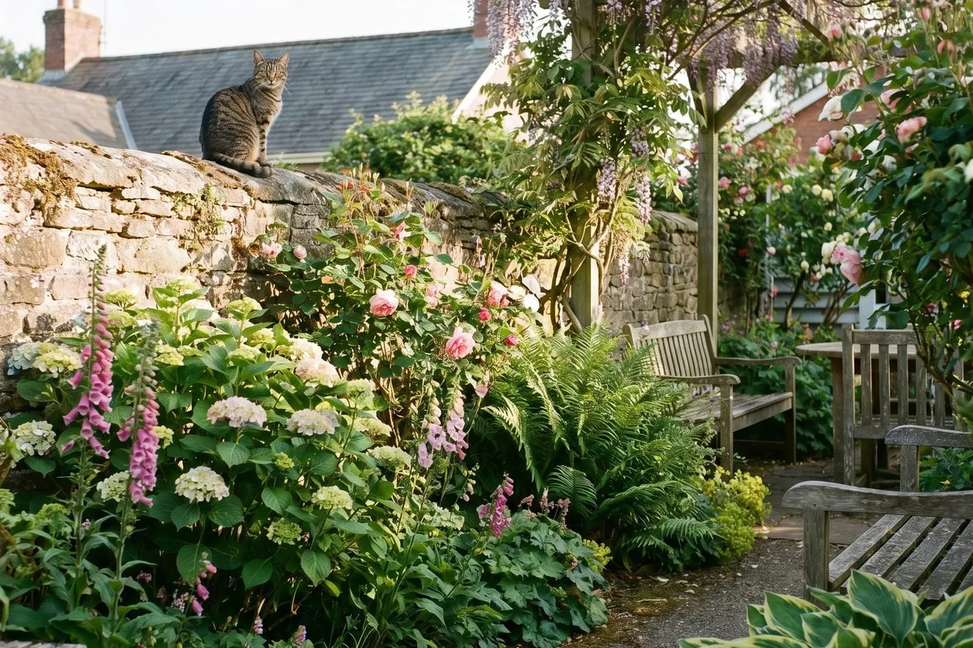 Gato entre plantas ornamentais em jardim doméstico