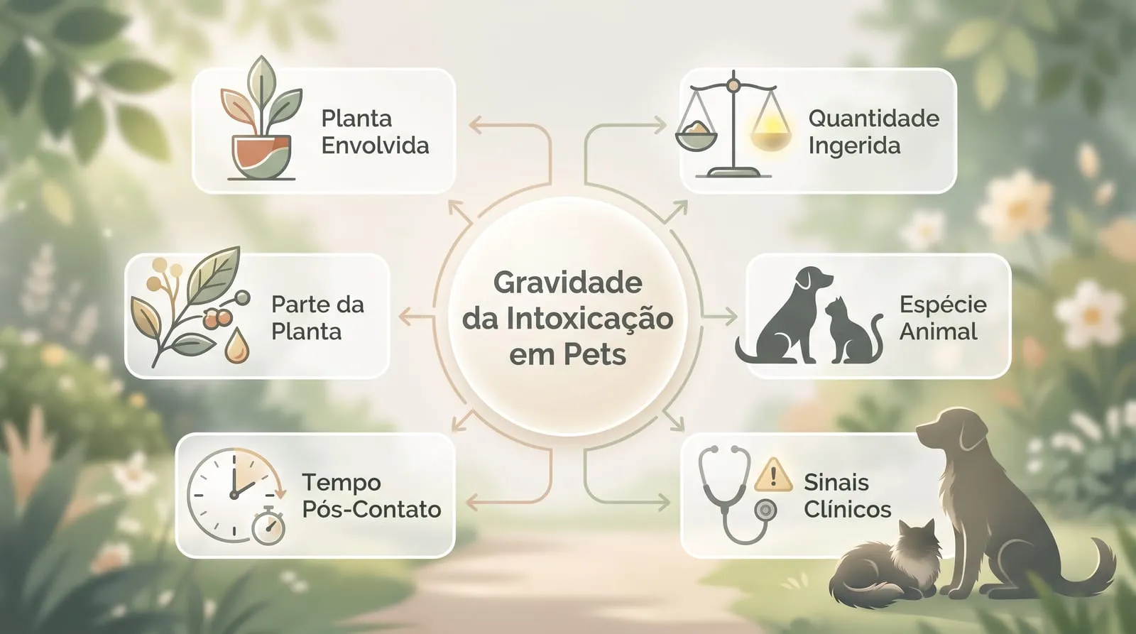 Infográfico com os fatores que mudam o risco de uma intoxicação: planta envolvida, parte da planta, quantidade ingerida, espécie do animal, tempo decorrido e sinais clínicos.