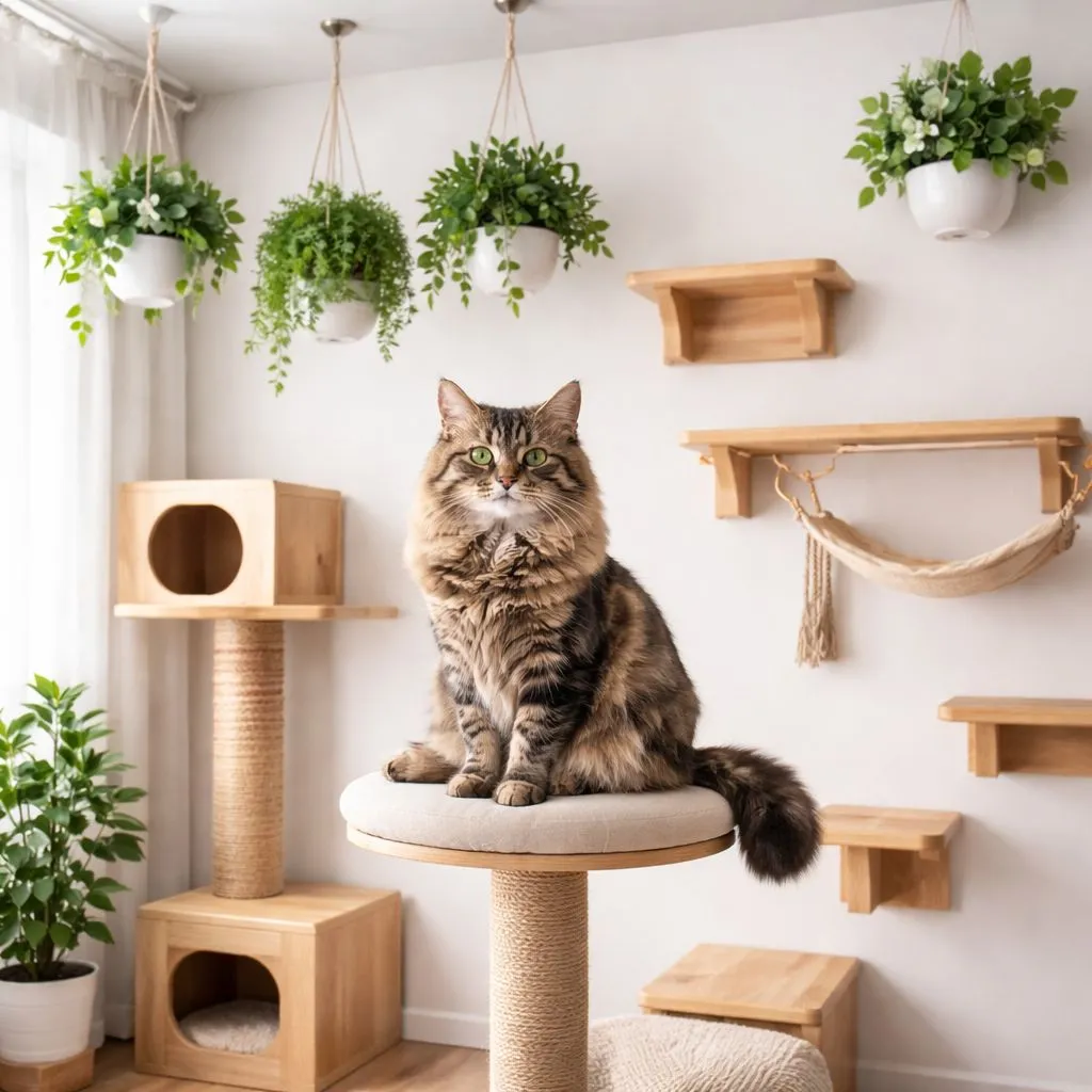 gato em ambiente enriquecido com prateleiras, arranhador e plantas fora de alcance