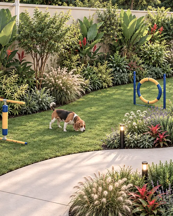 Beagle farejando a grama de um pet place com argola de agility e canteiros floridos