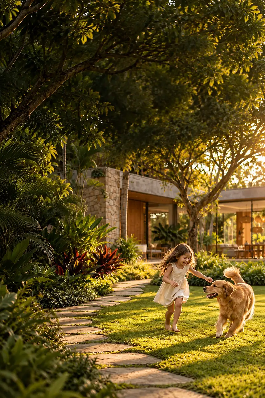 Menina correndo com um cachorro num jardim com caminho de pedras