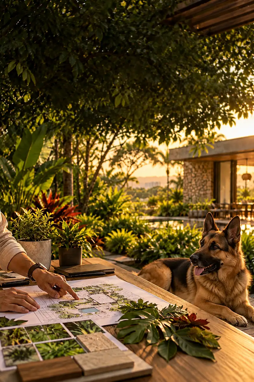 Mãos apontando uma planta de paisagismo sobre a mesa, com um pastor-alemão deitado ao lado