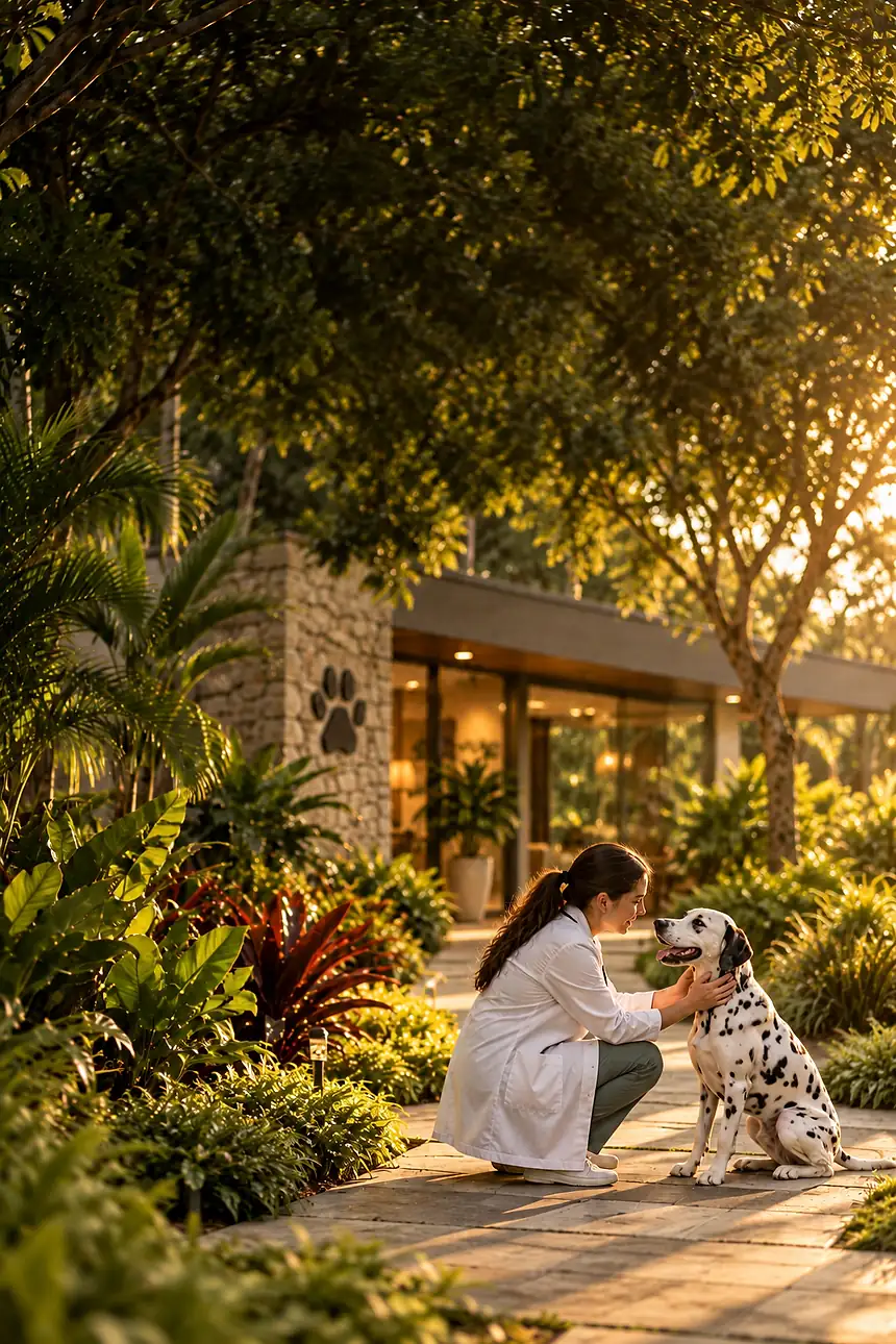 Veterinária agachada acariciando um dálmata num jardim