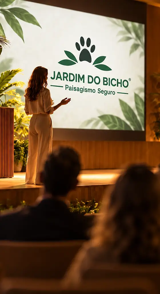 Palestrante diante de um telão com o logo do Jardim do Bicho